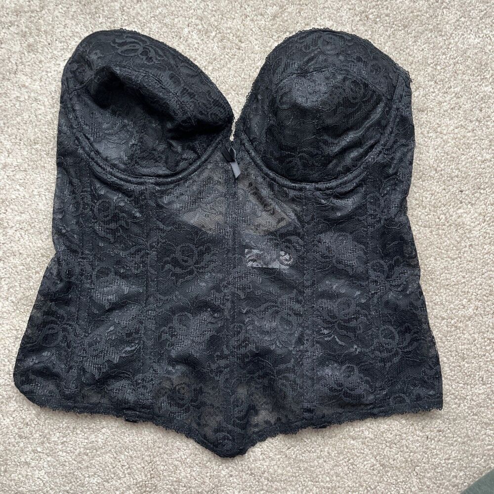 Backless by Smoothie Corset Top 34D Black Strapless Bustier Sexy Sheer Lace